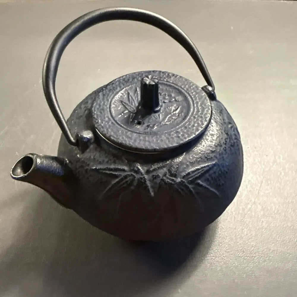 Antique Japan Bamboo, Pine & Blossom Cast Iron Teapot, Lid, W/ Japanses Letters